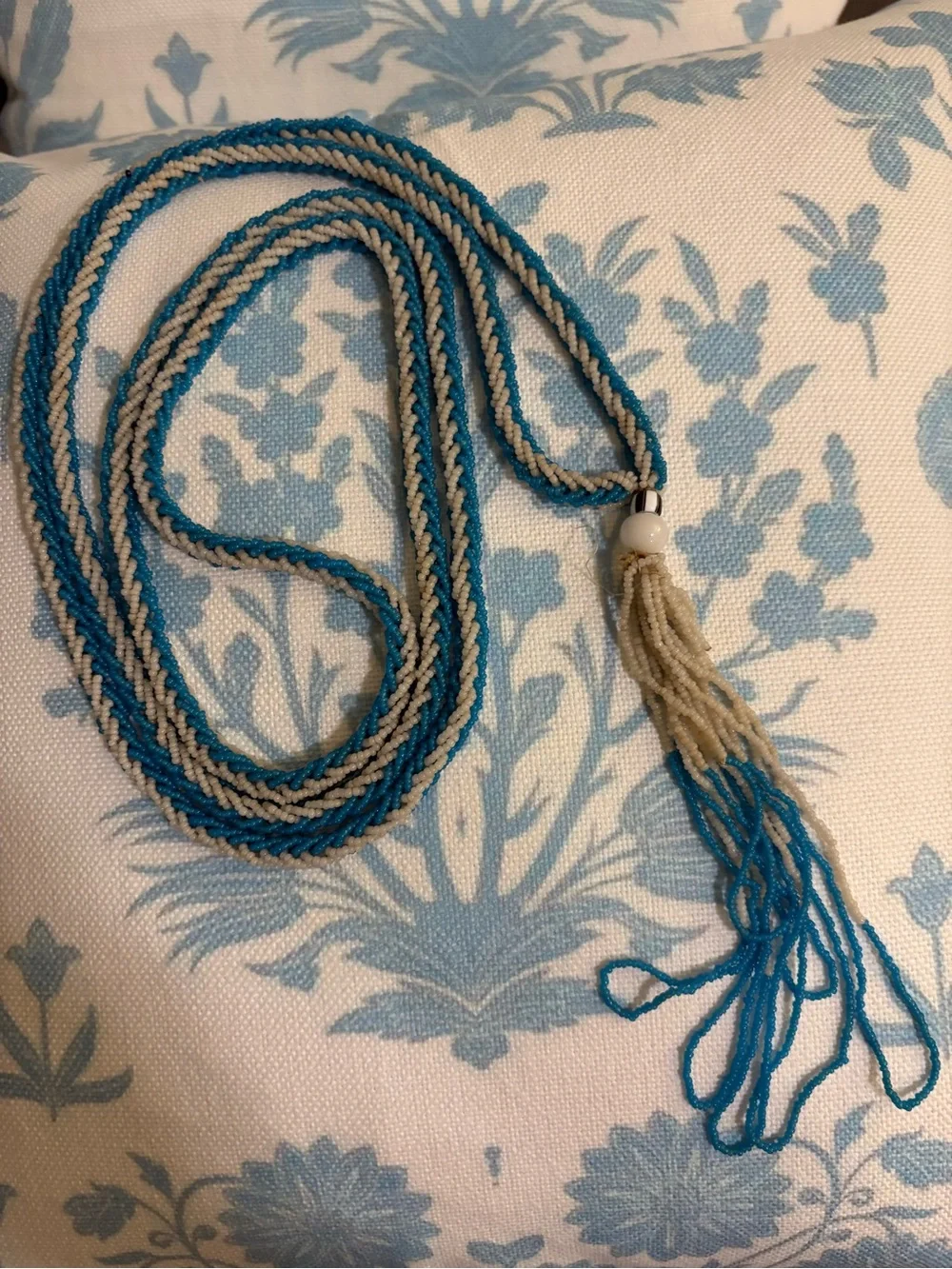 Antique Art Deco Blue & White Flapper Sautoir Beaded Lariat Necklace